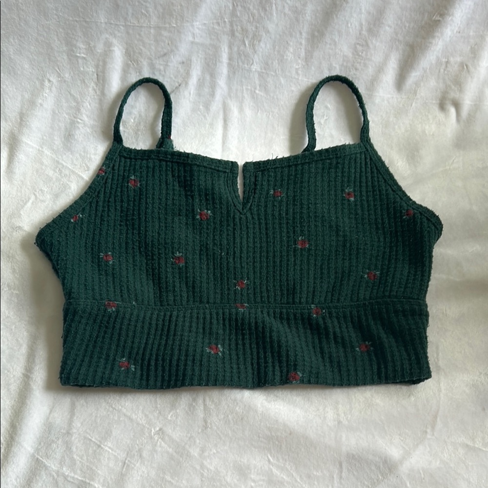 Dark Green Bralette with Red Floral Accents